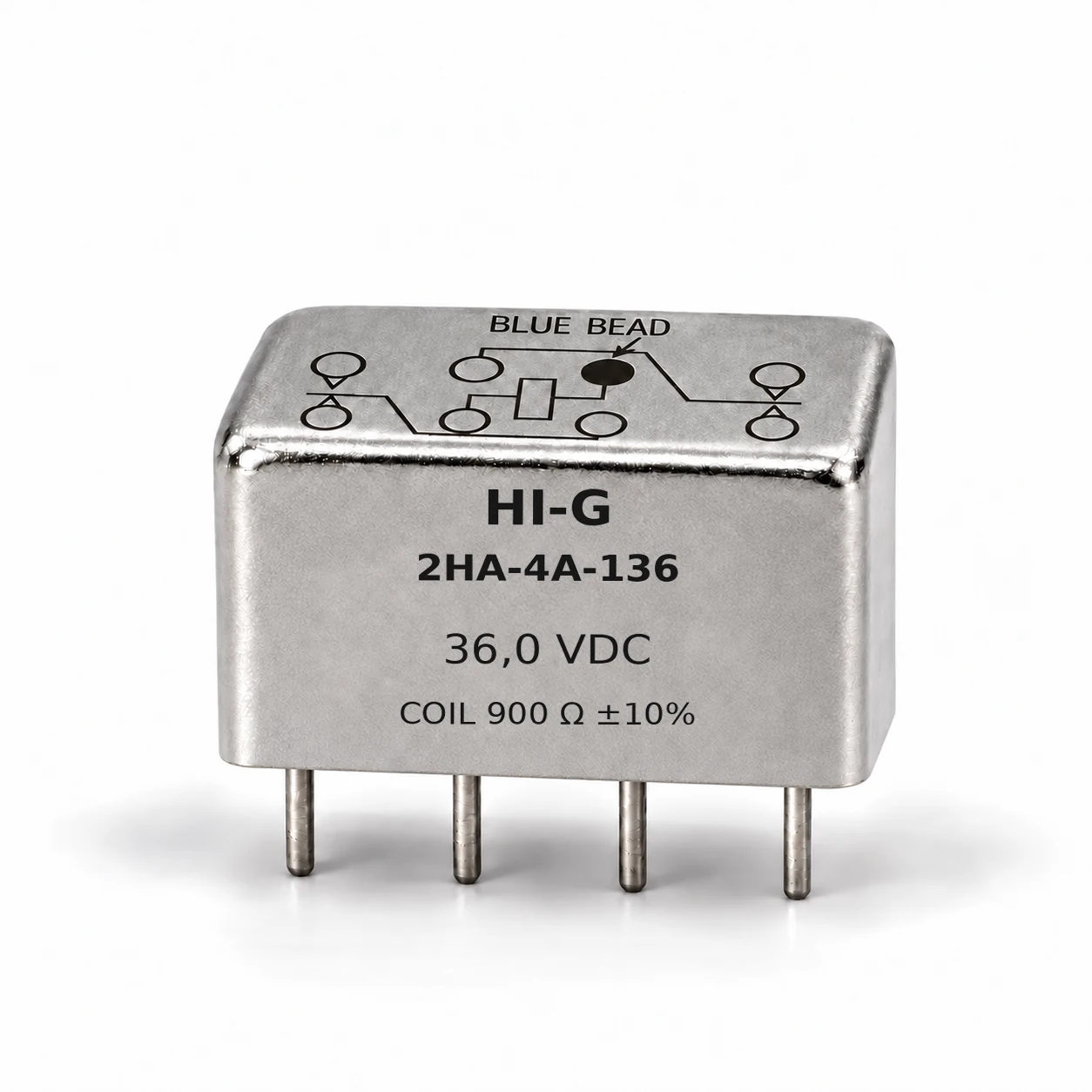 2HA-4A-136 — HI-G 2HA relay, 36 Vdc, 900 Ω; illustrative family image, see datasheet for terminal and mounting details