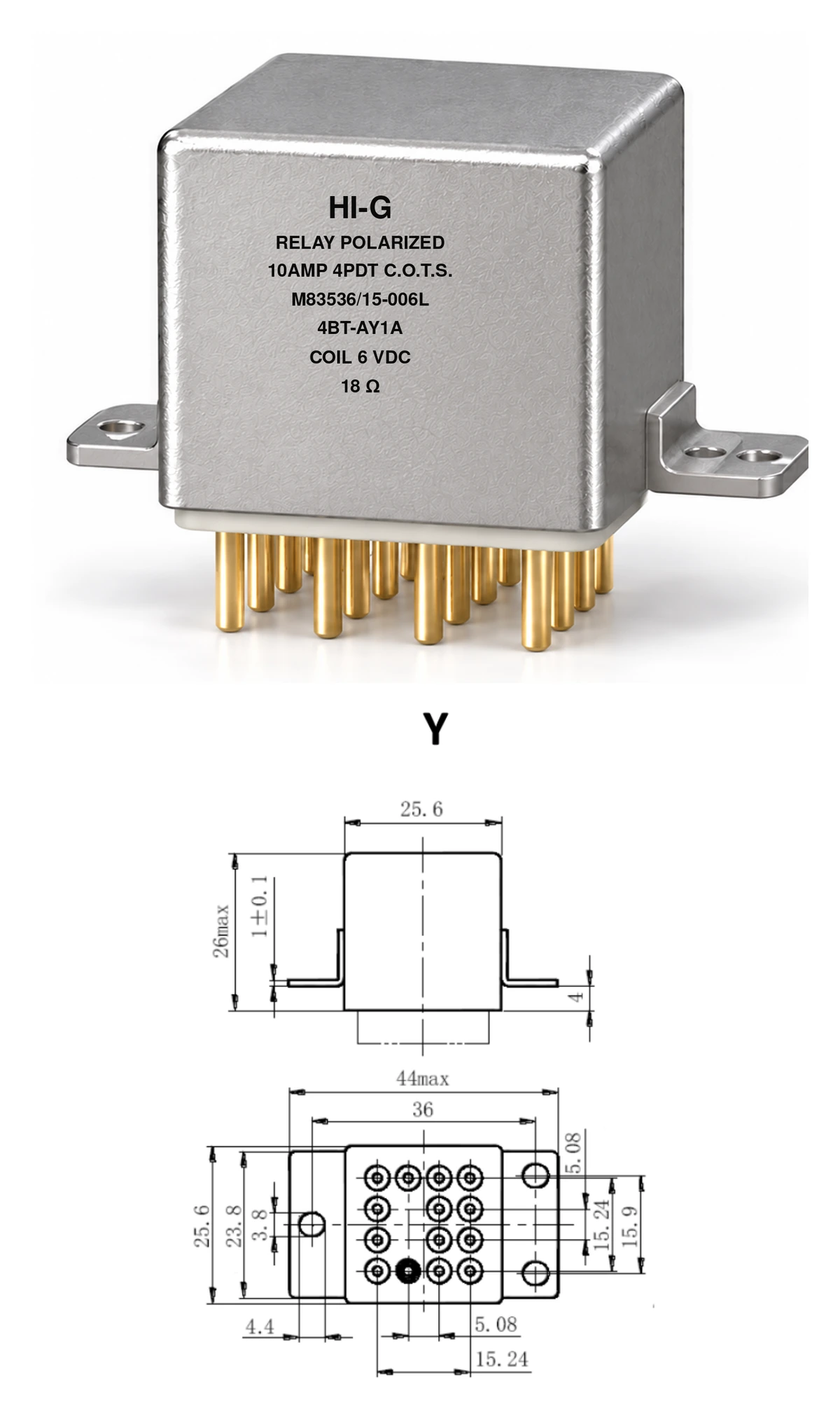 4BT-AY1A — M83536/15-006L; 4BT relay with A header and Y mounting, 6 Vdc coil, 18 Ω; individual product photo and mounting diagram
