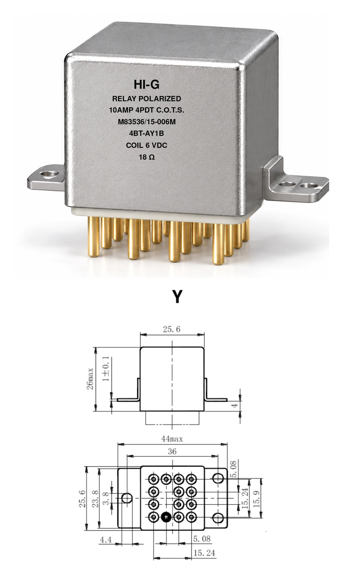 4BT-AY1B — M83536/15-006M; 4BT relay with A header and Y mounting, 6 Vdc coil, 18 Ω; individual product photo and mounting diagram