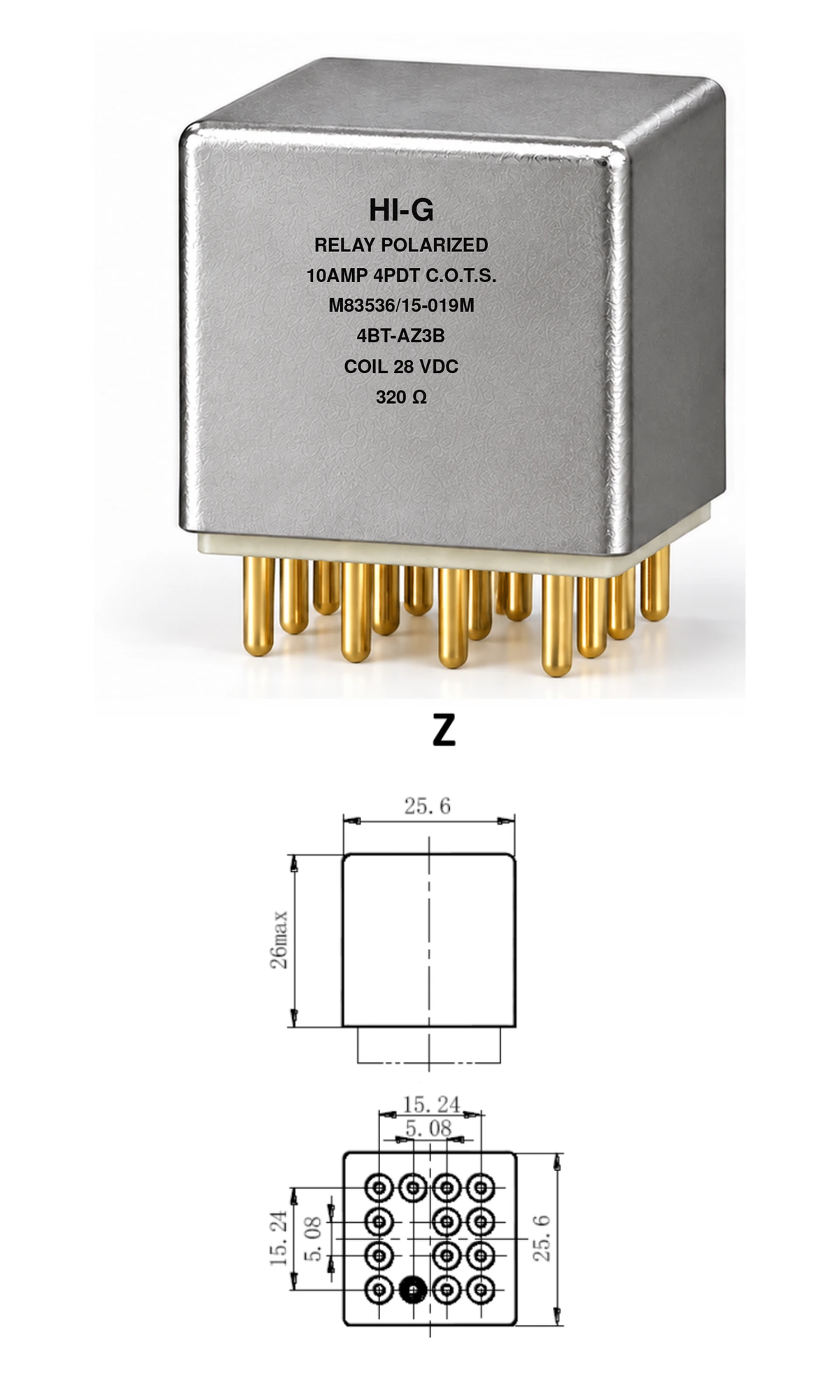 4BT-AZ3B — M83536/15-019M; 4BT relay with A header and Z mounting, 28 Vdc coil, 320 Ω; individual product photo and mounting diagram