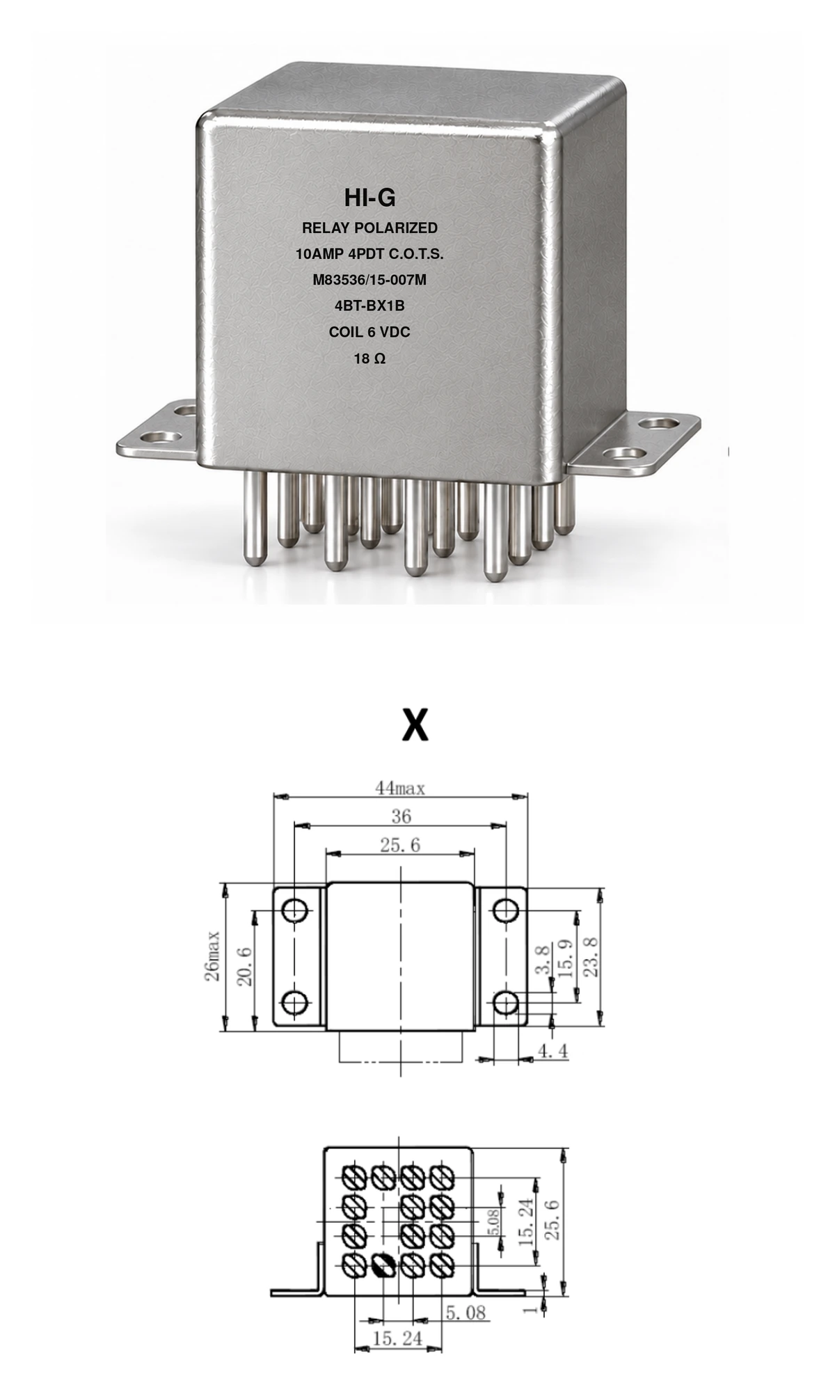4BT-BX1B — M83536/15-007M; 4BT relay with B header and X mounting, 6 Vdc coil, 18 Ω; individual product photo and mounting diagram