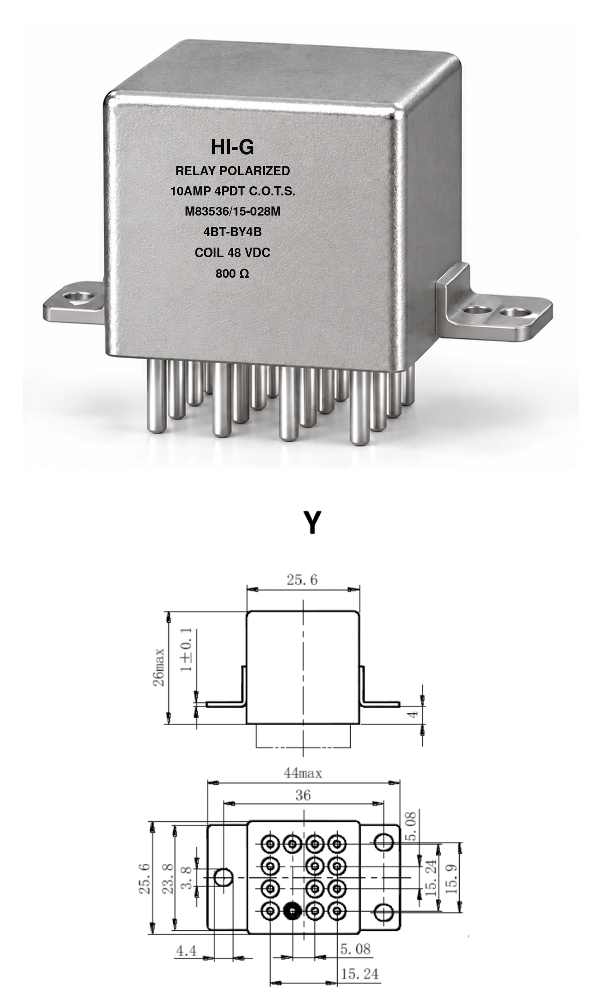 4BT-BY4B — M83536/15-028M; 4BT relay with B header and Y mounting, 48 Vdc coil, 800 Ω; individual product photo and mounting diagram