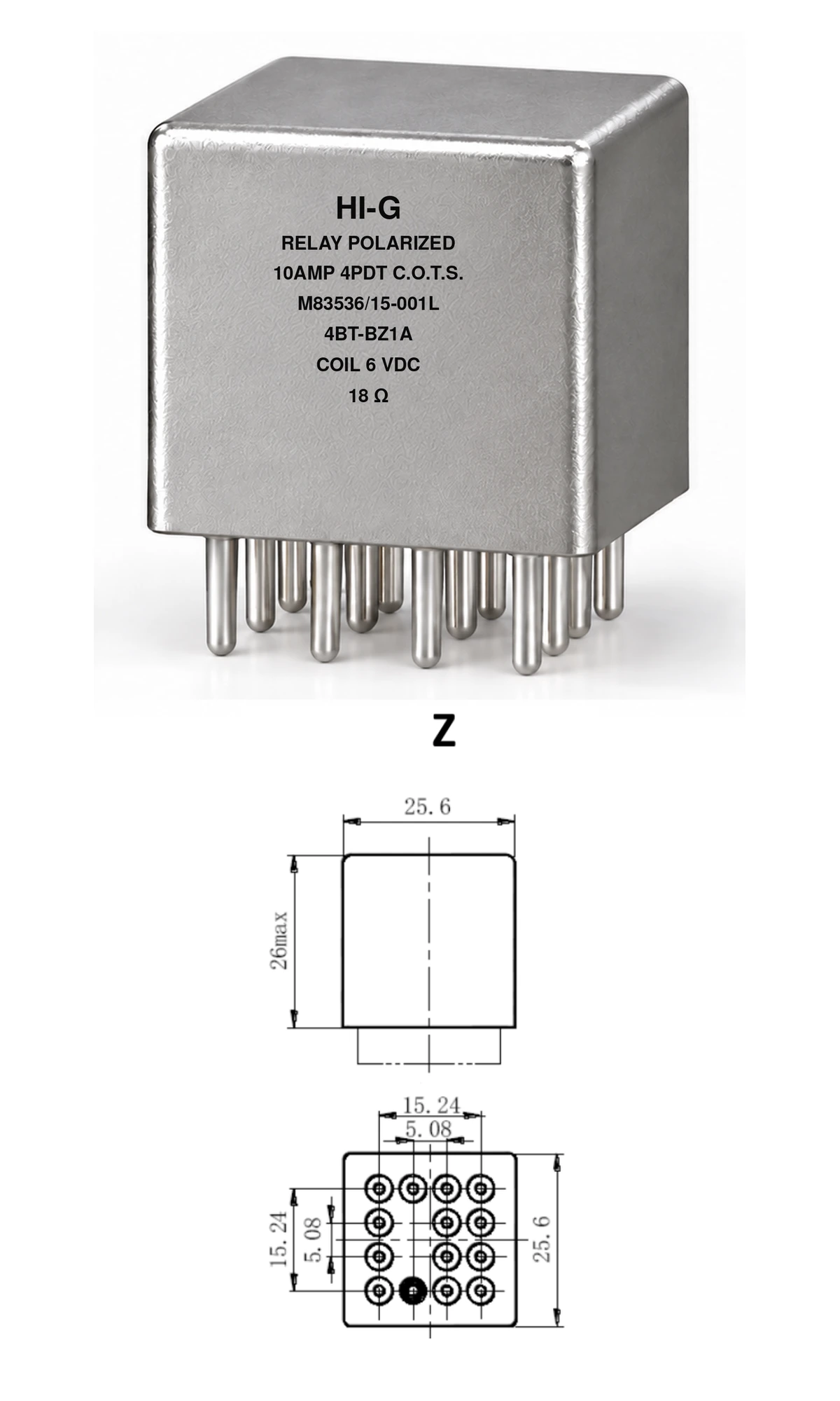 4BT-BZ1A — M83536/15-001L; 4BT relay with B header and Z mounting, 6 Vdc coil, 18 Ω; individual product photo and mounting diagram