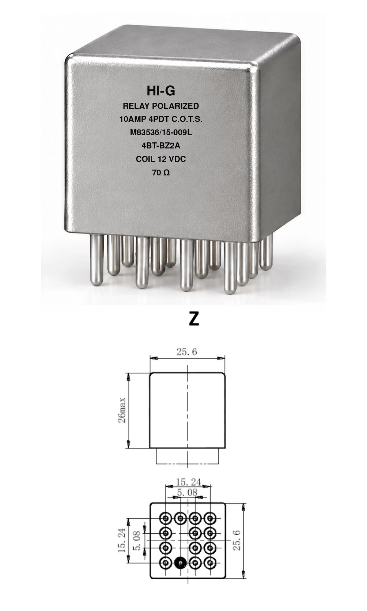 4BT-BZ2A — M83536/15-009L; 4BT relay with B header and Z mounting, 12 Vdc coil, 70 Ω; individual product photo and mounting diagram
