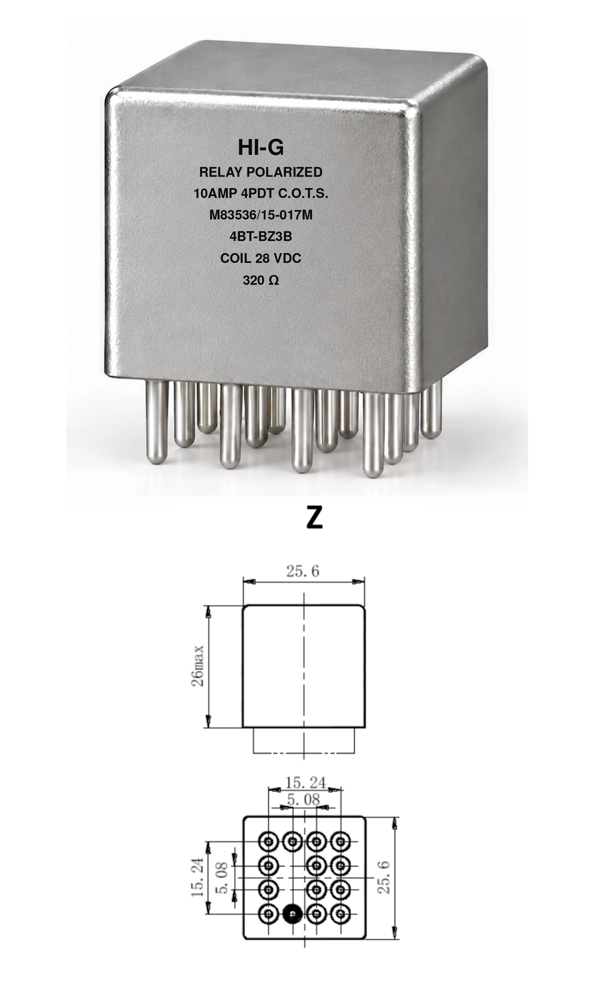 4BT-BZ3B — M83536/15-017M; 4BT relay with B header and Z mounting, 28 Vdc coil, 320 Ω; individual product photo and mounting diagram