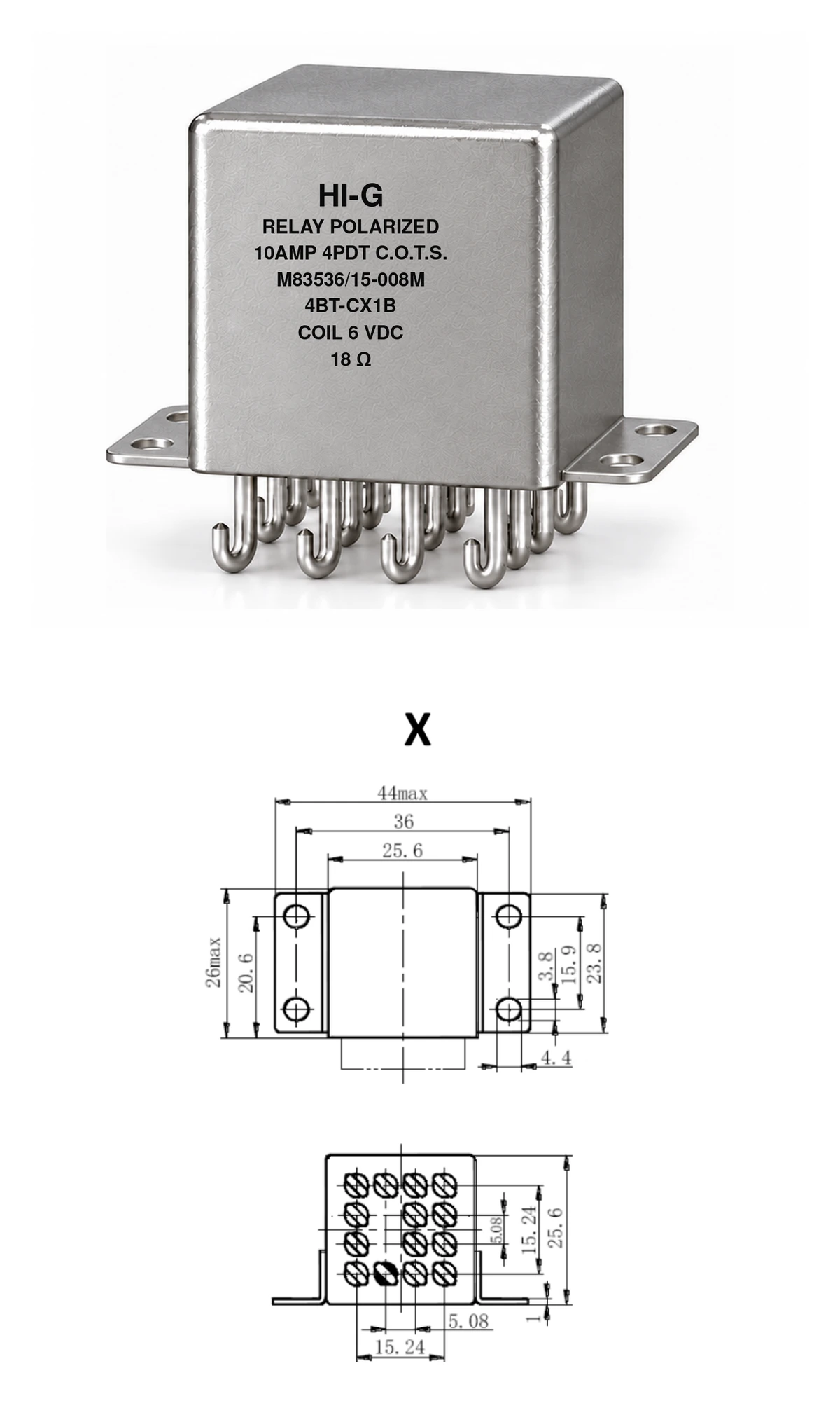 4BT-CX1B — M83536/15-008M; 4BT relay with C header and X mounting, 6 Vdc coil, 18 Ω; individual product photo and mounting diagram