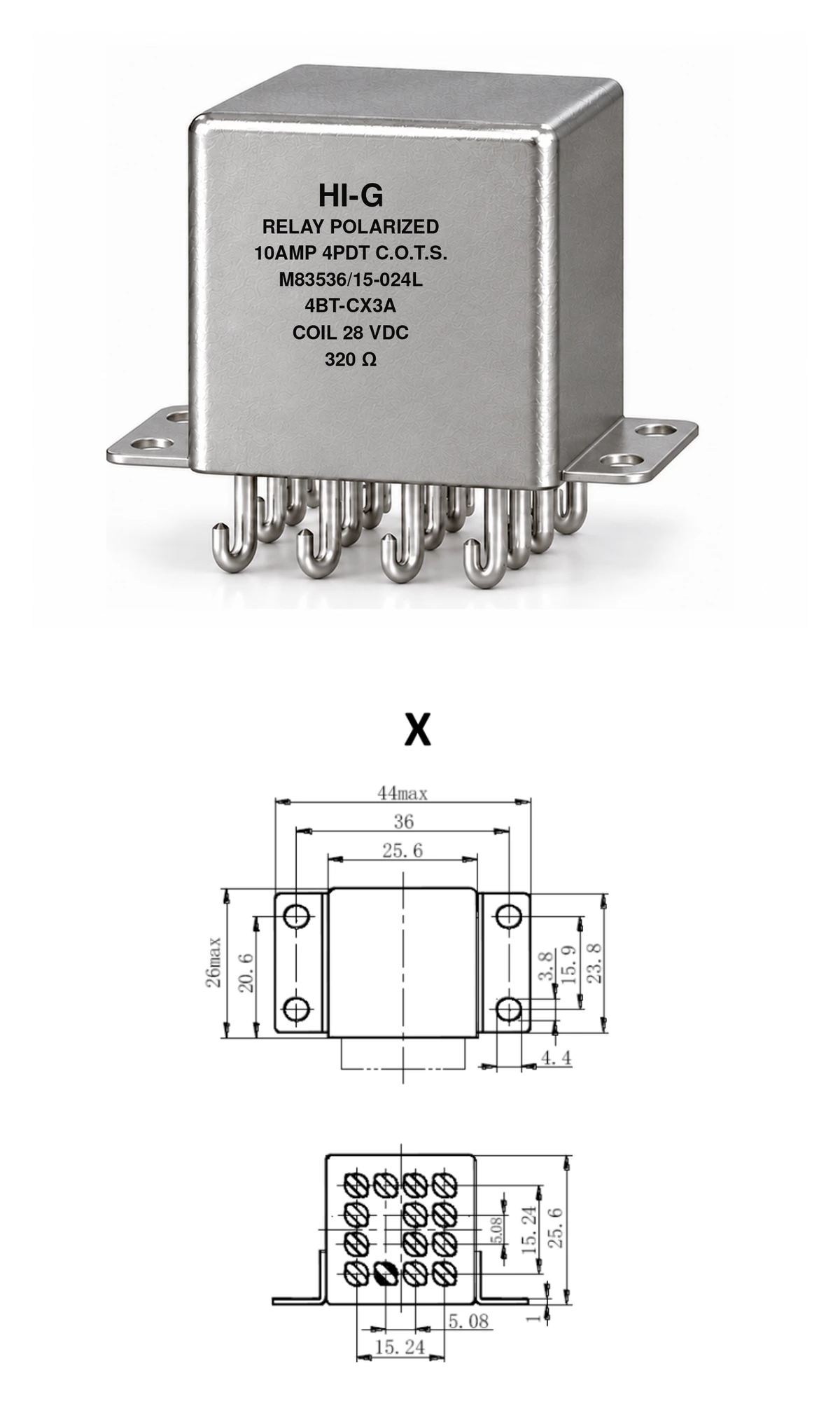 4BT-CX3A — M83536/15-024L; 4BT relay with C header and X mounting, 28 Vdc coil, 320 Ω; individual product photo and mounting diagram