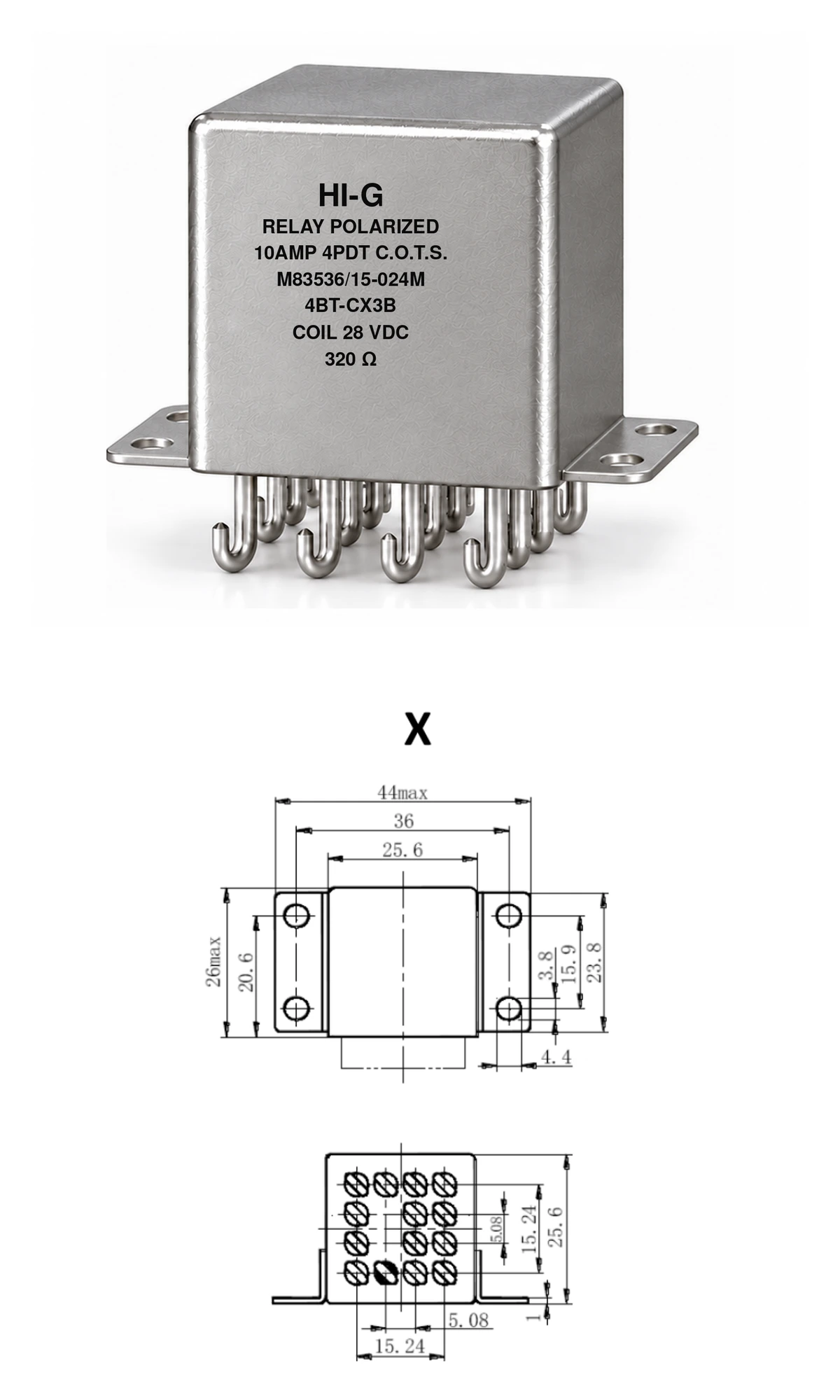4BT-CX3B — M83536/15-024M; 4BT relay with C header and X mounting, 28 Vdc coil, 320 Ω; individual product photo and mounting diagram