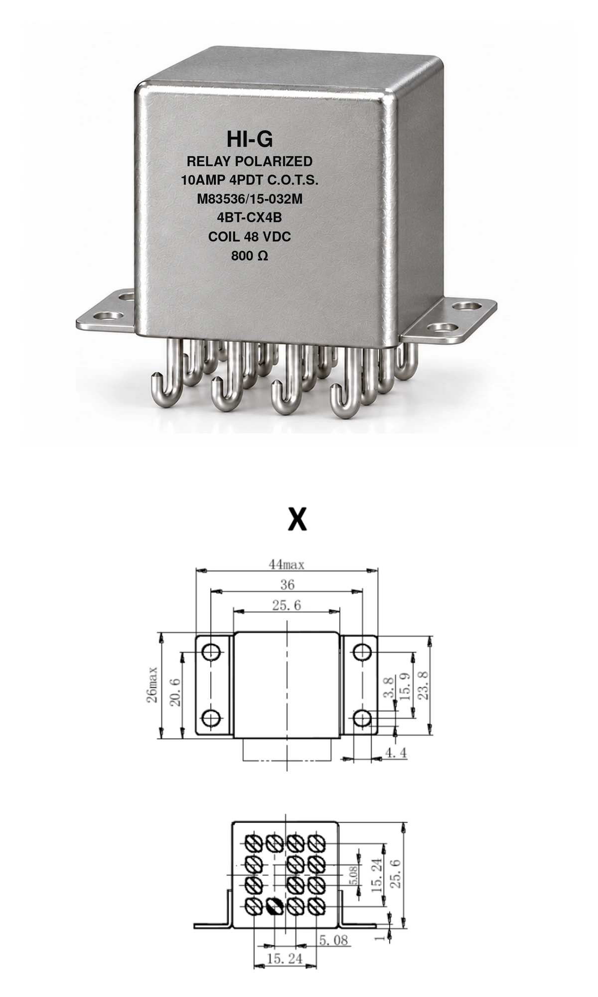 4BT-CX4B — M83536/15-032M; 4BT relay with C header and X mounting, 48 Vdc coil, 800 Ω; individual product photo and mounting diagram