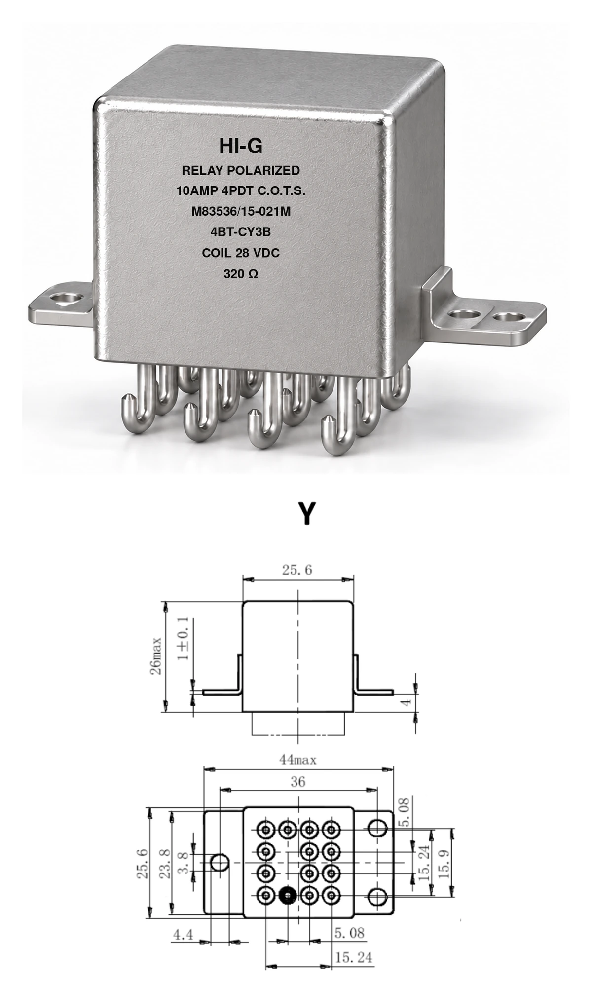 4BT-CY3B — M83536/15-021M; 4BT relay with C header and Y mounting, 28 Vdc coil, 320 Ω; individual product photo and mounting diagram