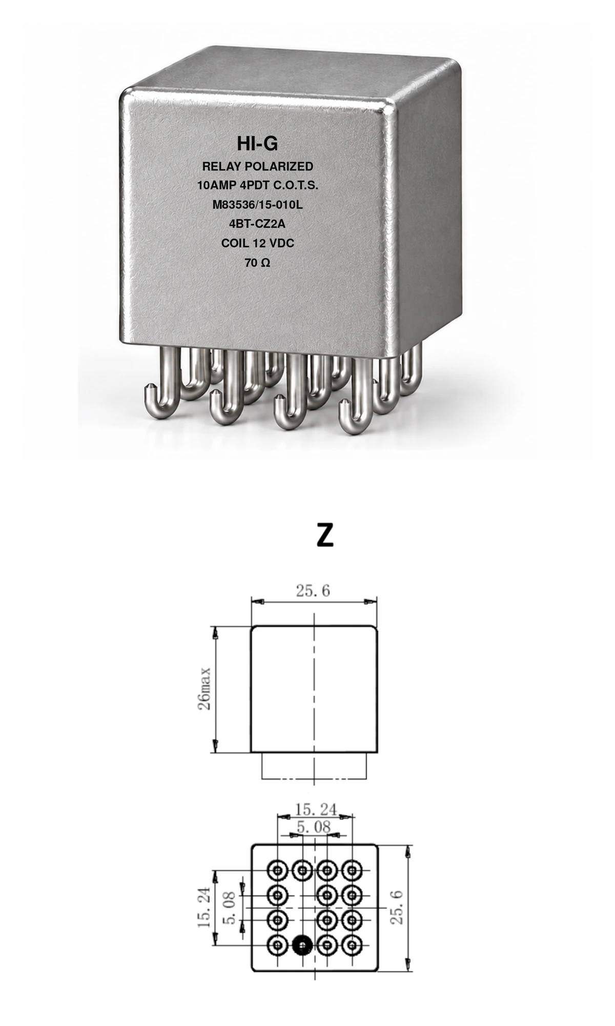 4BT-CZ2A — M83536/15-010L; 4BT relay with C header and Z mounting, 12 Vdc coil, 70 Ω; individual product photo and mounting diagram