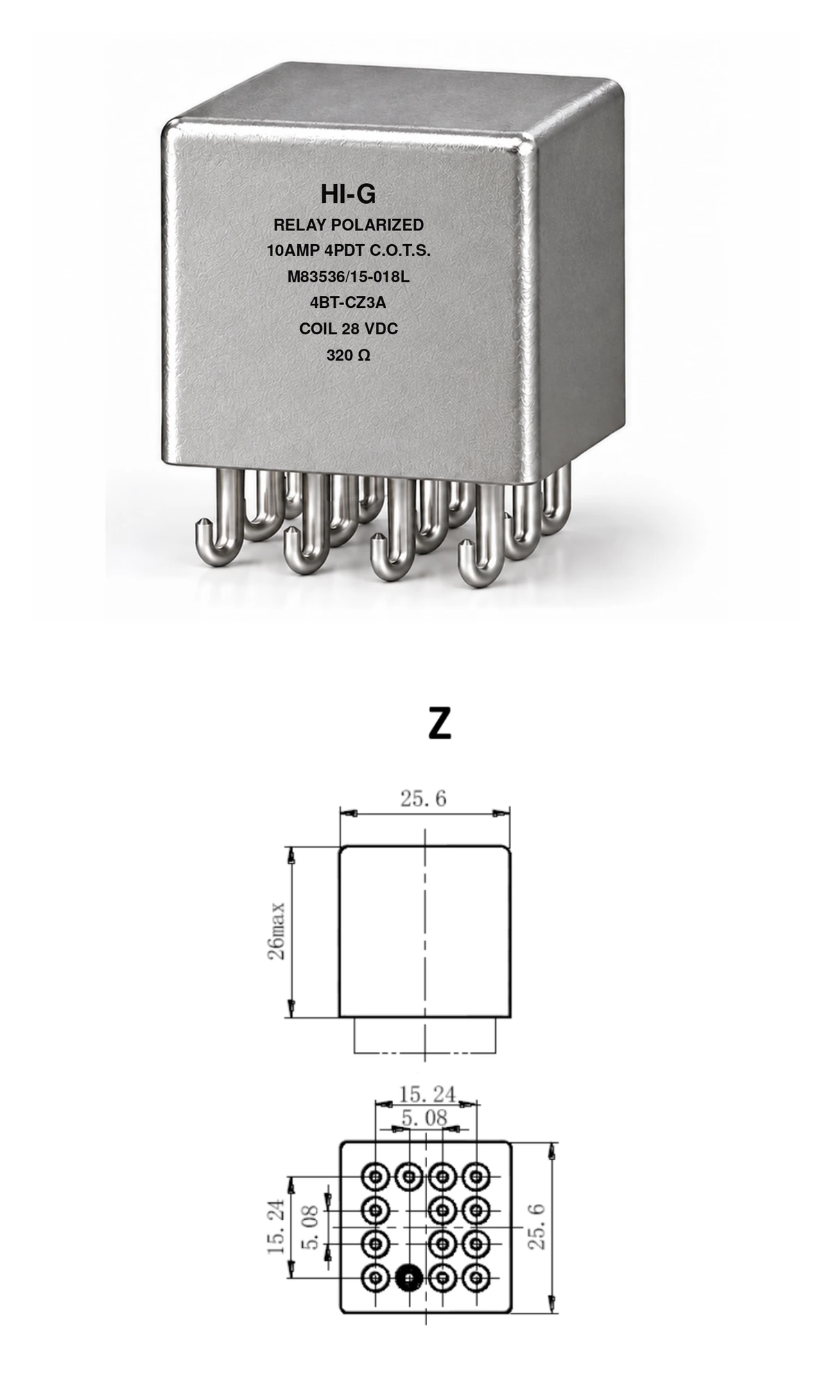 4BT-CZ3A — M83536/15-018L; 4BT relay with C header and Z mounting, 28 Vdc coil, 320 Ω; individual product photo and mounting diagram