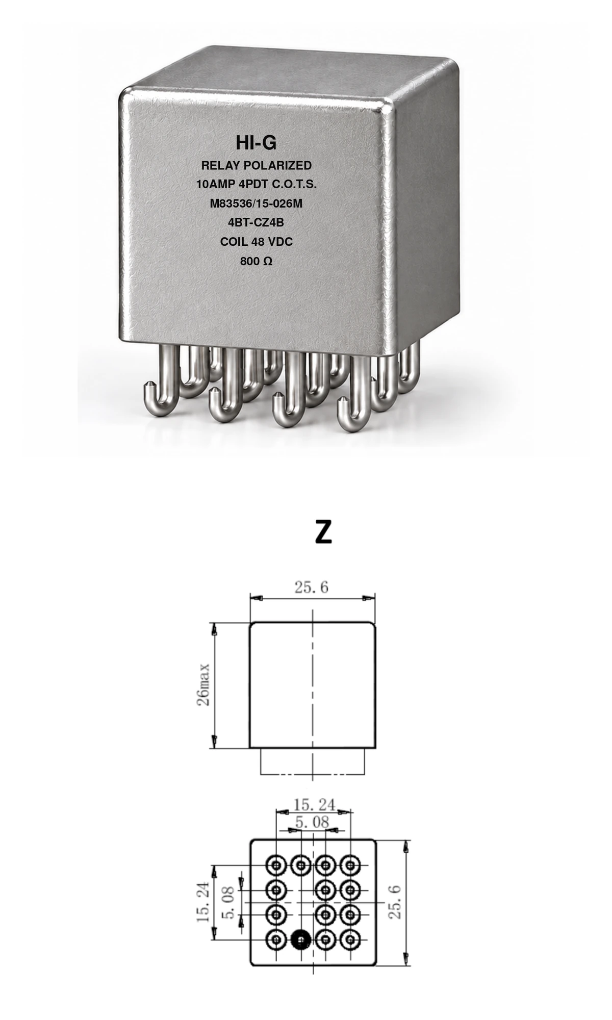 4BT-CZ4B — M83536/15-026M; 4BT relay with C header and Z mounting, 48 Vdc coil, 800 Ω; individual product photo and mounting diagram